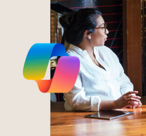 Microsoft Copilot logo superimposed on a profile shot of a lady sitting at a table