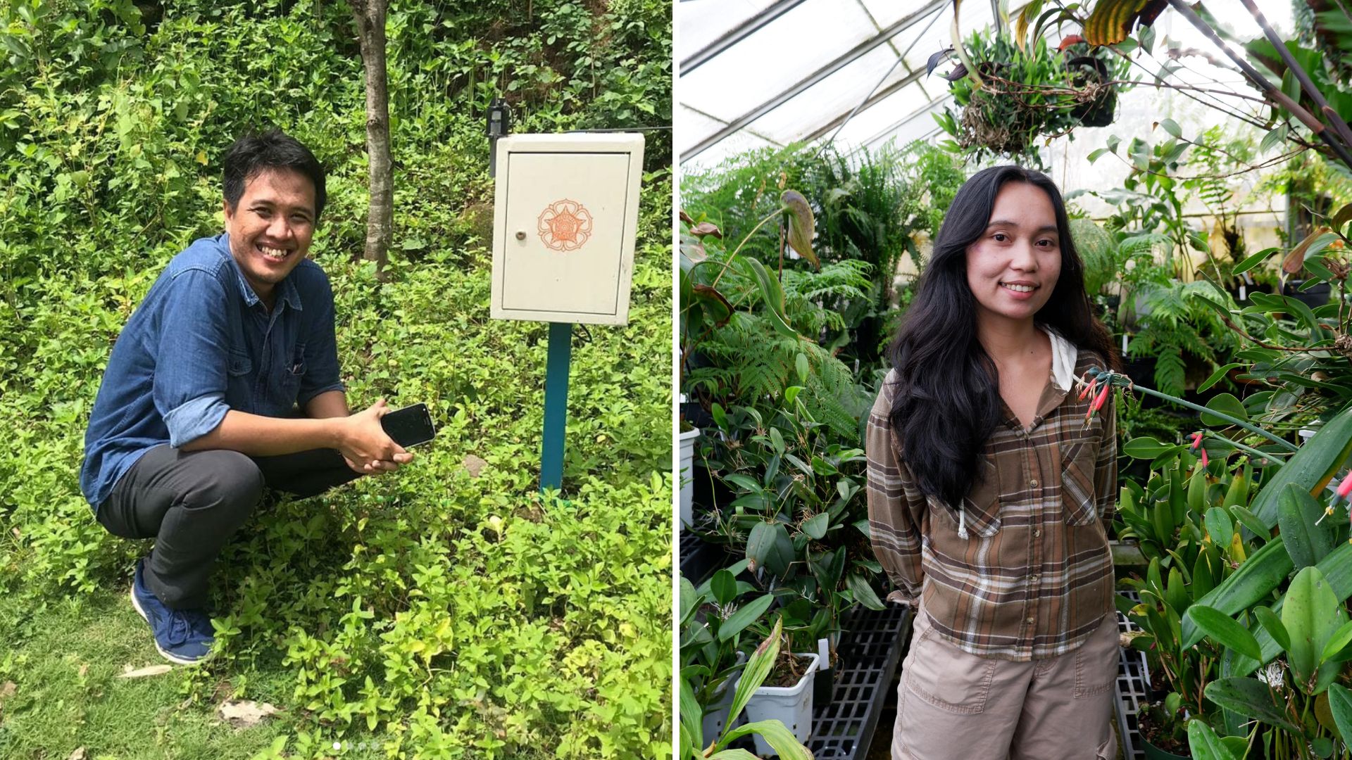 Collage of one man crouching and a woman standing among plants
