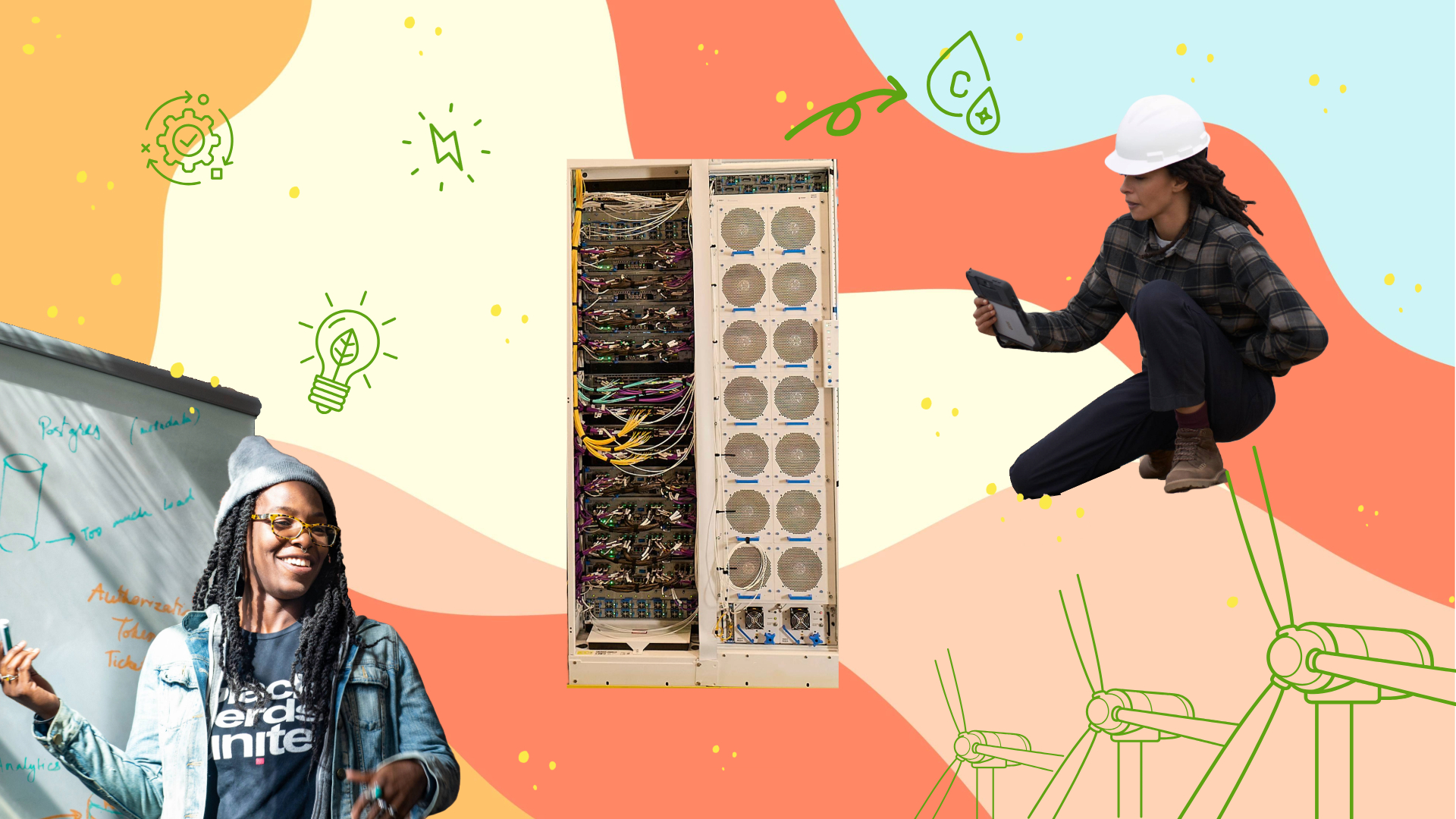 a composite image showing a server rack, a woman in a hard hat looking at a tablet, a woman holding a marker in front of a whiteboard and graphics denoting electricity, wind turbines, and circularity.