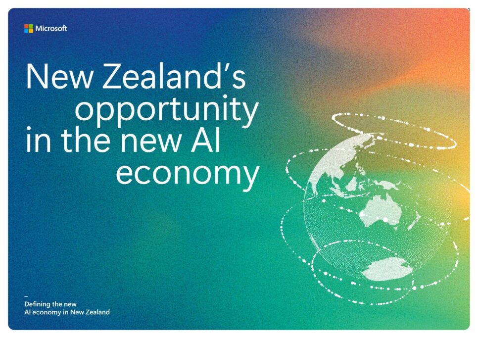 Poster titled 'New Zealand's opportunity in the new AI economy' with a globe illustration on a colourful gradient background