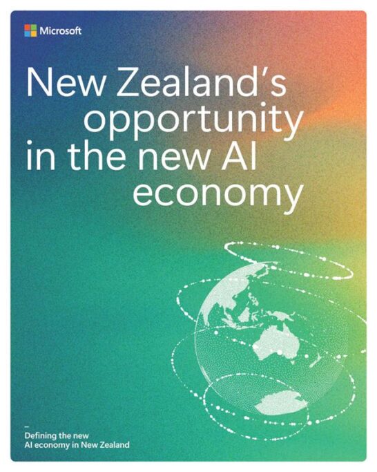 Poster titled 'New Zealand's opportunity in the new AI economy' with a globe illustration on a colourful gradient background
